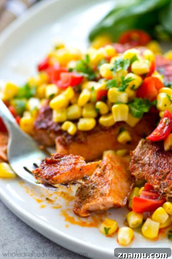 Smoky Blackened Salmon with Summer Corn Salsa 7 Tender grilled salmon with a smoky rub on the outside is a match made in heaven for a sweet corn pico de gallo piled on top. --- This easy 30-minute dinner packs in a HUGE kick of flavors you'll love!