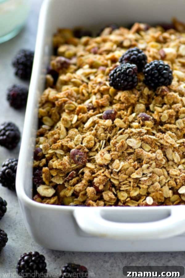 A beautifully presented slice of blackberry rhubarb crumble, showcasing the rich, purple fruit filling and the thick, golden brown almond streusel.