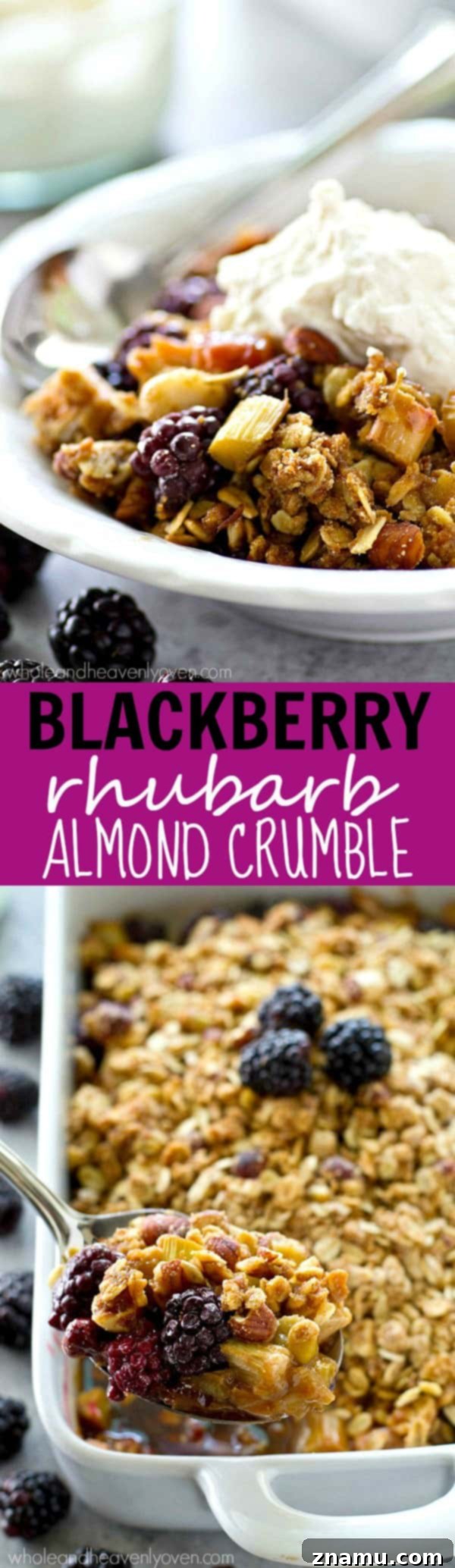 Another enticing photo of the blackberry rhubarb almond crumble, showcasing its irresistible textures and golden-brown perfection.