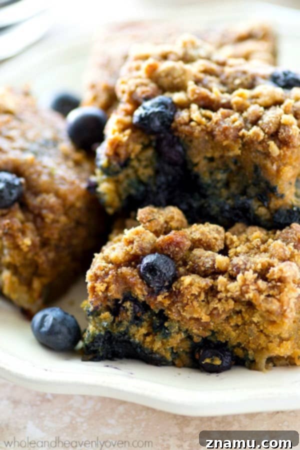 A slice of incredibly moist blueberry banana crumb coffee cake with a rich streusel topping, perfect for summer.