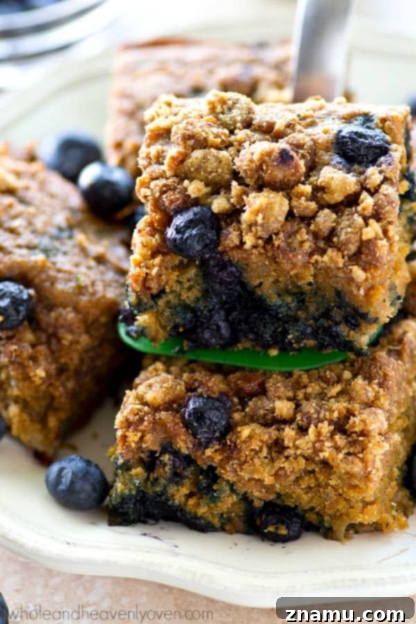 A full view of the delicious blueberry banana crumb coffee cake in a baking dish, ready to be sliced.