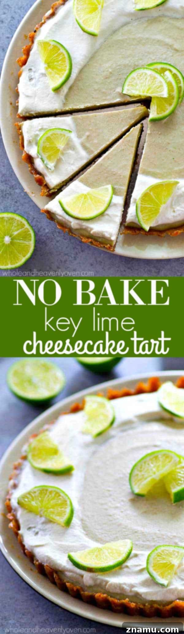 Effortless Key Lime Cheesecake Tart 8 No-bake key lime cheesecake tart garnished with whipped cream and lime slices