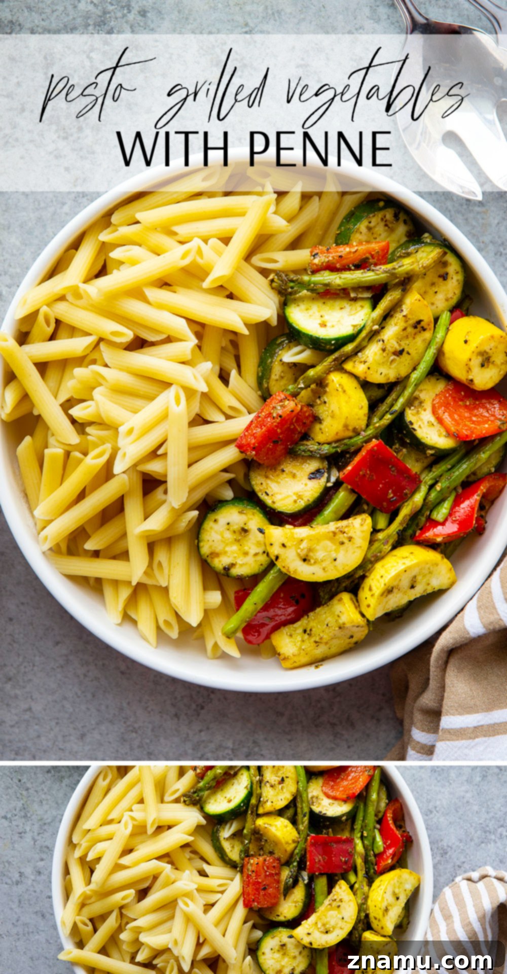 Smoky Veggie Pesto Penne 7 Tossed in flavorful pesto and grilled to smoky perfection, these pesto grilled vegetables are incredible piled over penne pasta and a great way to use up summer produce!
