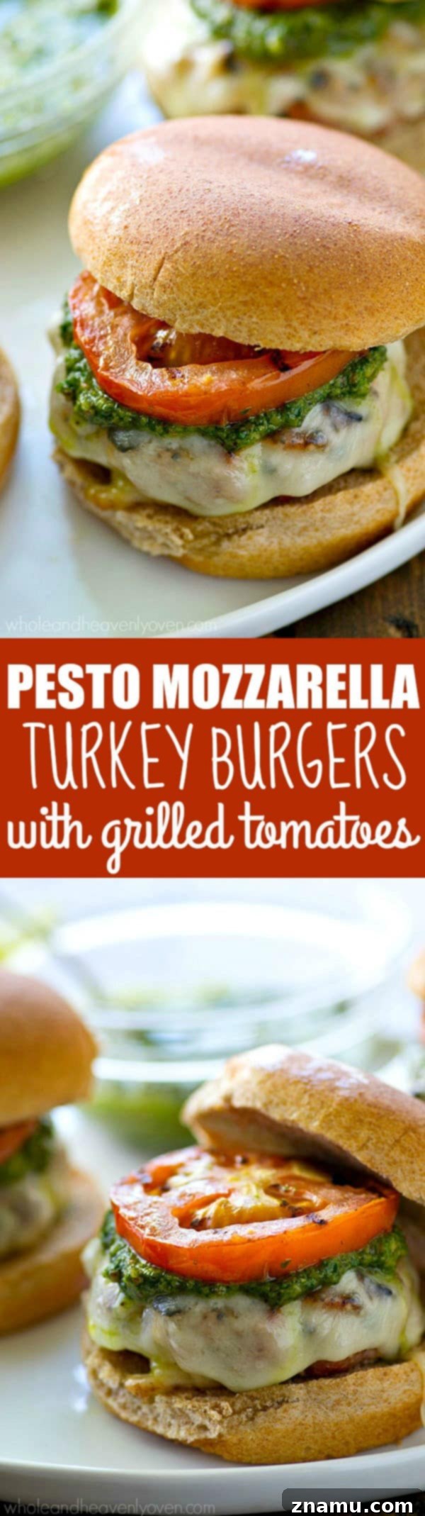 Grilled Pesto Turkey Burgers with Melted Mozzarella and Smoky Tomatoes 8 Two Pesto Mozzarella Turkey Burgers stacked, showing the layers of cheese, pesto, and tomatoes