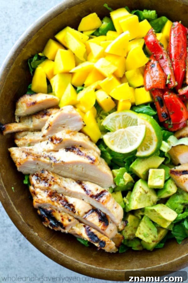Aloha Grilled Chicken Mango Zest Salad 2 Hawaiian-style grilled chicken, sweet mango, and a tangy citrus dressing bring out all the BEST fresh flavors in this gorgeous summer salad! It's almost too pretty to eat.