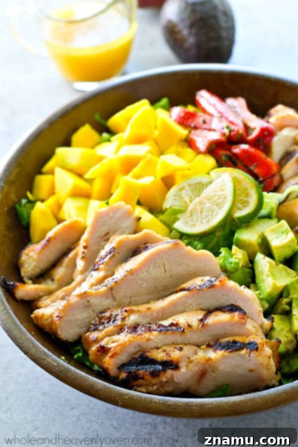 Aloha Grilled Chicken Mango Zest Salad 5 Hawaiian-style grilled chicken, sweet mango, and a tangy citrus dressing bring out all the BEST fresh flavors in this gorgeous summer salad! It's almost too pretty to eat.