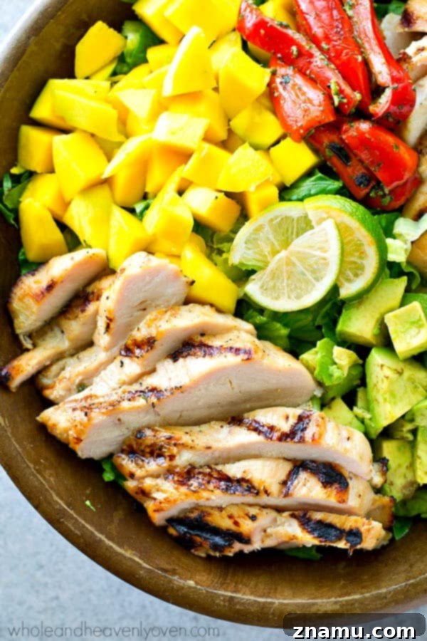 Aloha Grilled Chicken Mango Zest Salad 6 Hawaiian-style grilled chicken, sweet mango, and a tangy citrus dressing bring out all the BEST fresh flavors in this gorgeous summer salad! It's almost too pretty to eat.