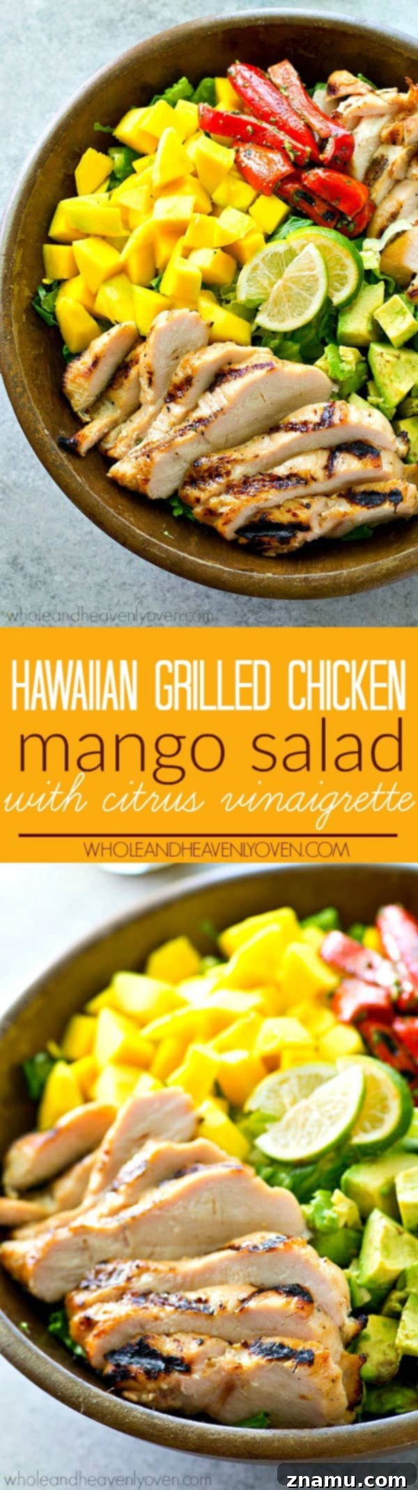 Aloha Grilled Chicken Mango Zest Salad 8 Hawaiian-style grilled chicken, sweet mango, and a tangy citrus dressing bring out all the BEST fresh flavors in this gorgeous summer salad! It's almost too pretty to eat.