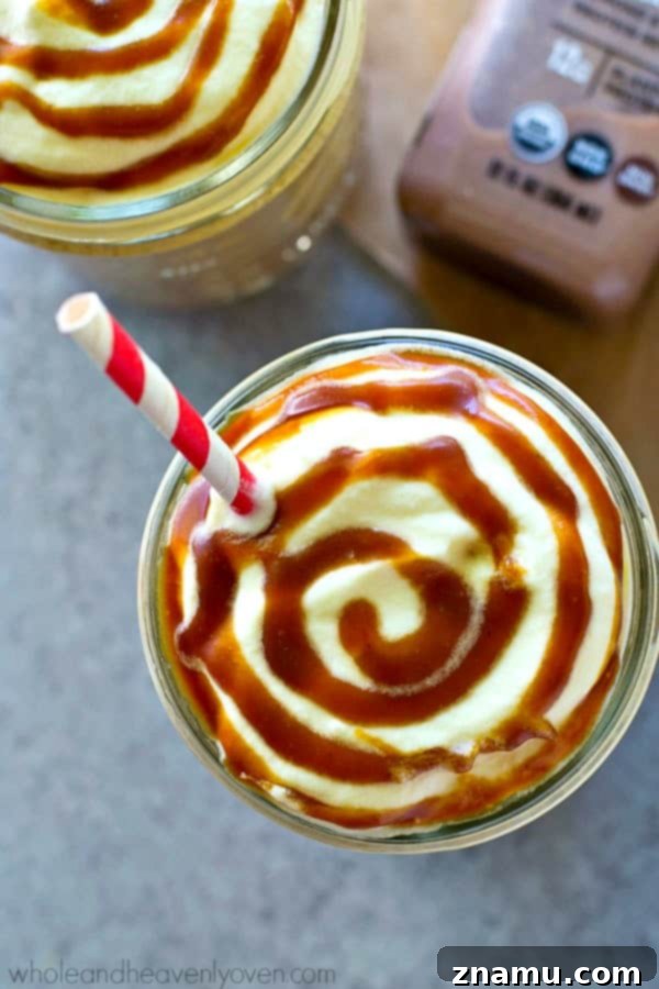 Lighter Salted Caramel Mocha Frappuccino Plus Giveaway 6 A close-up of the rich, golden homemade salted caramel sauce, ready to be drizzled