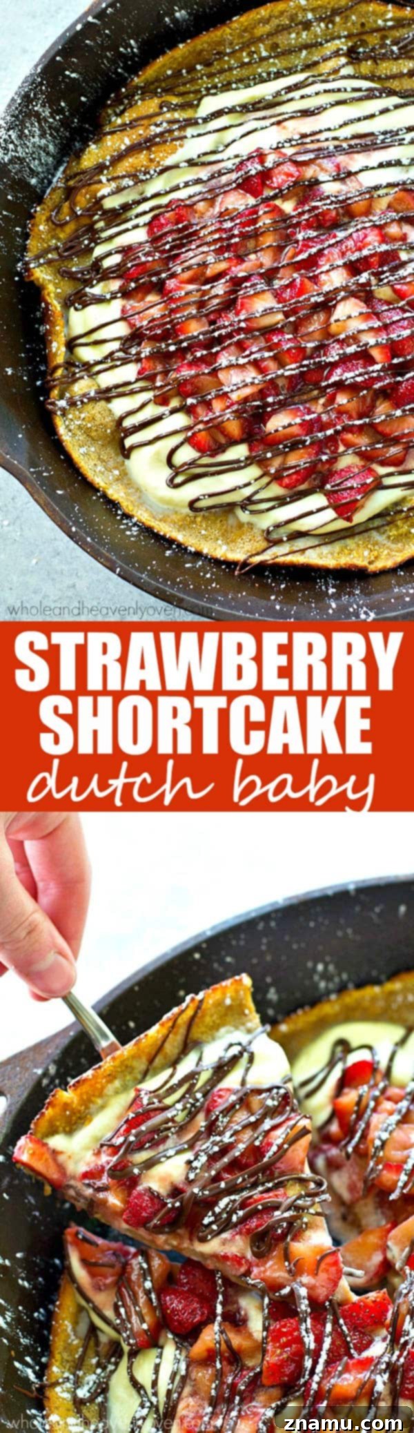 Strawberry Shortcake Oven Puff 8 A rustic shot of the completed Strawberry Shortcake Dutch Baby, beautifully presented in a skillet with vibrant red strawberries and white whipped cream.