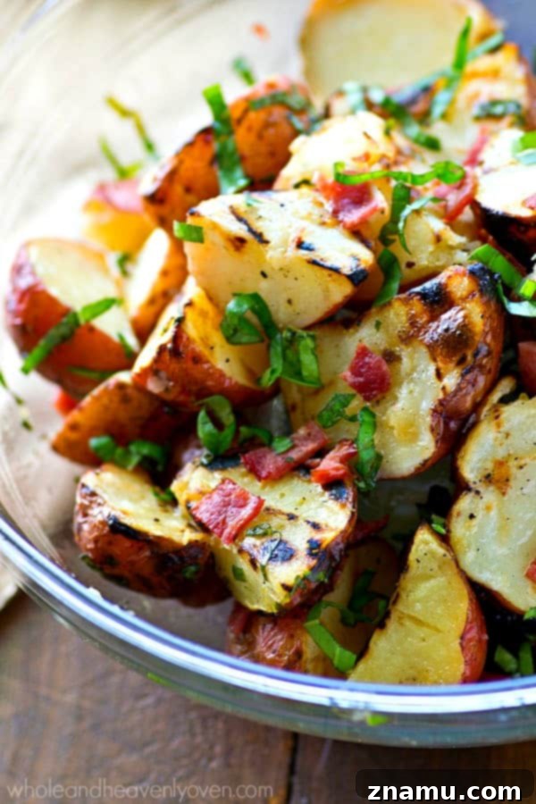 Grill-Kissed Red Potato Salad with Bacon-Basil Vinaigrette 6 A generous pour of homemade basil vinaigrette dressing over smoky grilled red potatoes and crispy bacon, ready to be tossed for the ultimate summer potato salad.