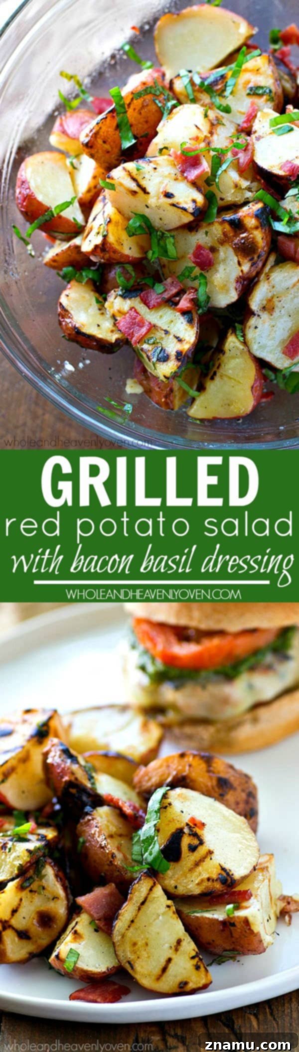 Grill-Kissed Red Potato Salad with Bacon-Basil Vinaigrette 7 Finished grilled red potato salad with bacon basil dressing, served in a rustic bowl, garnished with fresh basil leaves, ready to be enjoyed.