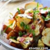 Grill-Kissed Red Potato Salad with Bacon-Basil Vinaigrette 8 Smoky grilled red potatoes, crisp bacon bits, and a flavorful basil vinaigrette make the ultimate summertime potato salad that's a perfect lighter alternative to mayonnaise-dressed salads!