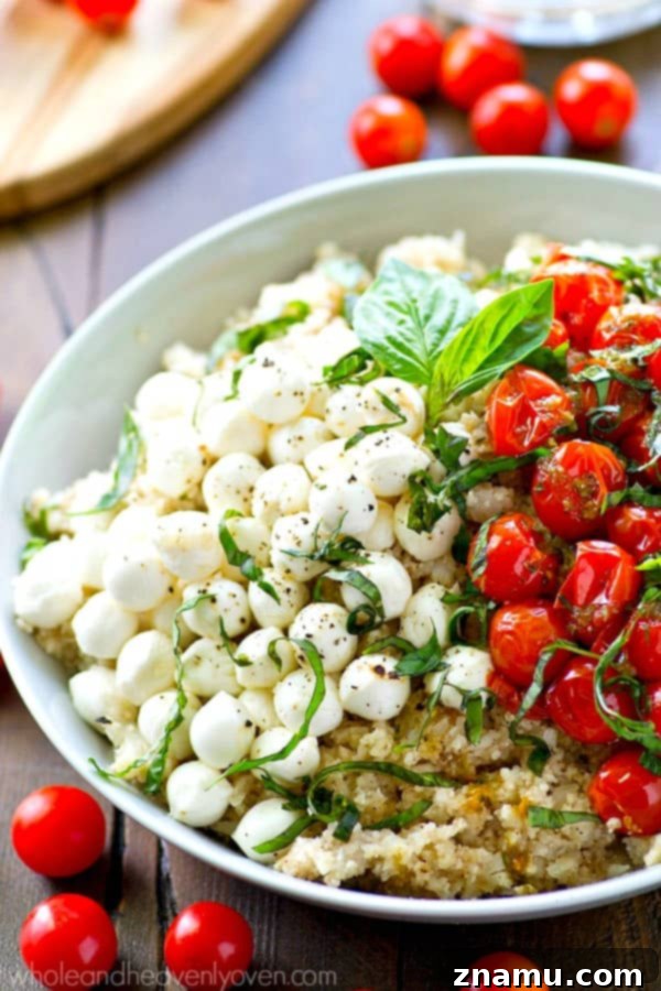 Grill-Kissed Red Potato Salad with Bacon-Basil Vinaigrette 10 Juicy herb-roasted cherry tomatoes and tons of other caprese goodness star in this secretly-healthy cauliflower rice caprese salad.---This easy summer salad is SO good with grilled chicken or fish!