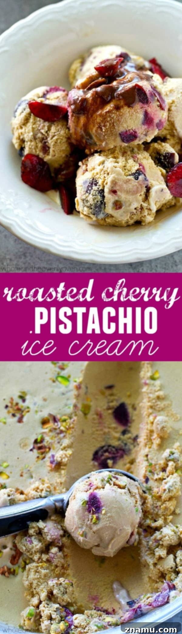 Delicious Roasted Cherry Pistachio Ice Cream Dessert Two scoops of roasted cherry pistachio ice cream in a bowl, drizzled with hot fudge, ready to be enjoyed.