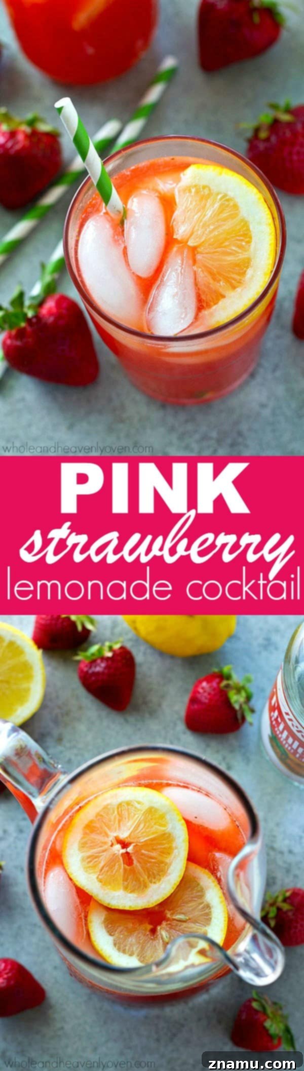 Strawberry Sunset Lemonade Cocktail 8 Variety of glasses filled with Boozy Pink Strawberry Lemonade Cocktail and garnishes
