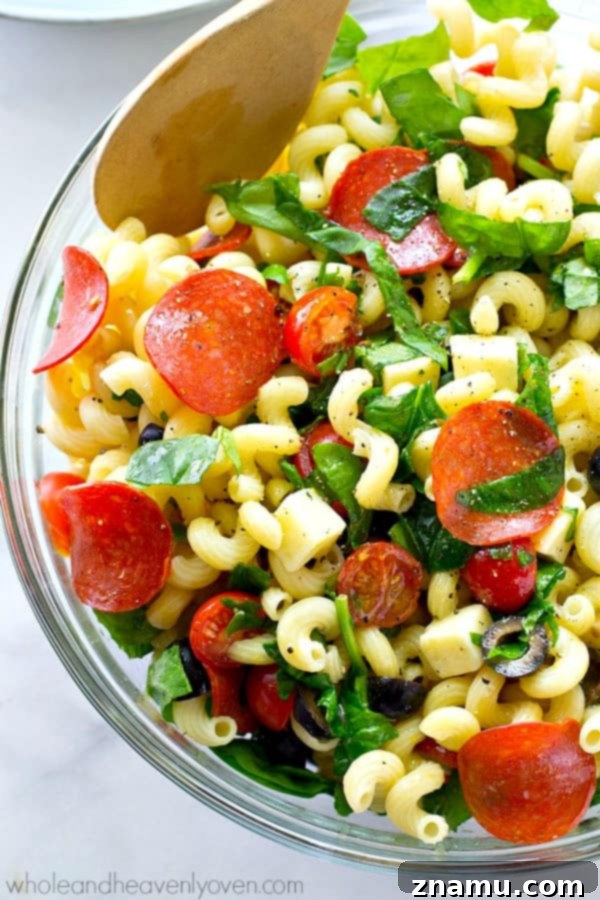 Delicious Italian Pizza Pasta Salad, perfect for summer cookouts