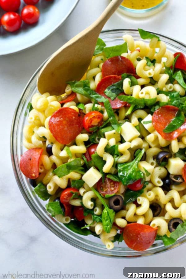 Close-up of the delightful texture and ingredients in the pasta salad