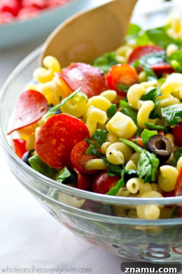 A large bowl of fresh Italian Pizza Pasta Salad, ready to serve