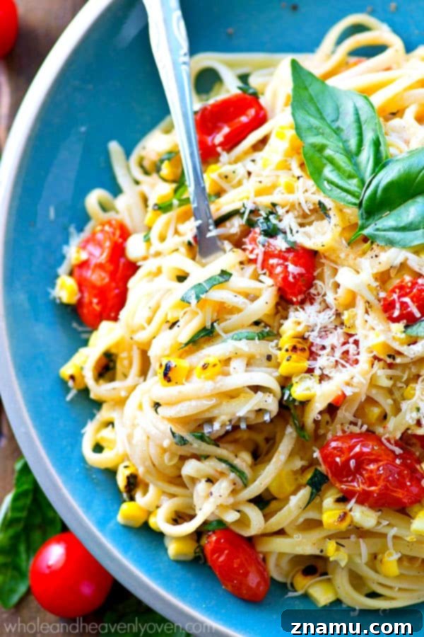 Summer Fettuccine Alfredo with Bursting Tomatoes and Charred Corn 2 Summer Fettuccine Alfredo with Bursting Cherry Tomatoes and Charred Corn