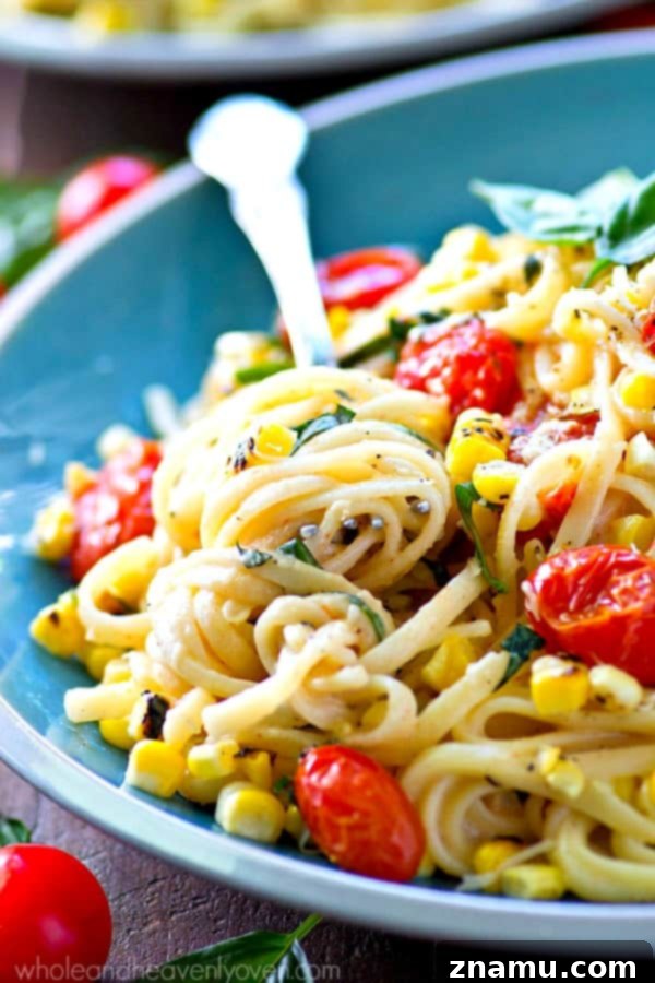 Summer Fettuccine Alfredo with Bursting Tomatoes and Charred Corn 4 Fettuccine Alfredo with Roasted Tomatoes and Grilled Corn