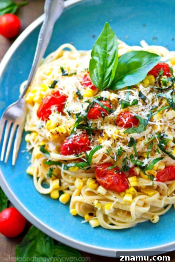 Summer Fettuccine Alfredo with Bursting Tomatoes and Charred Corn 5 Creamy Pasta dish with fresh summer vegetables