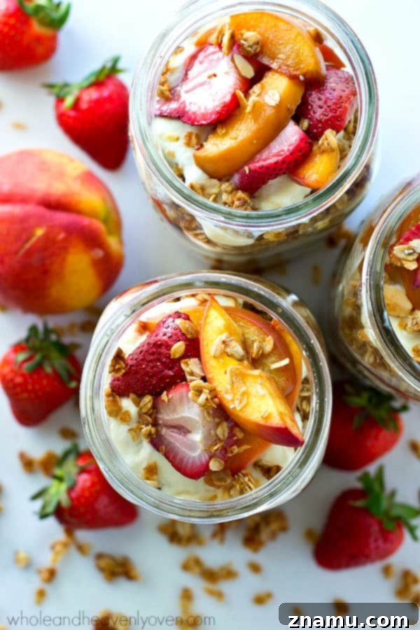 Roasted Peach & Strawberry Granola Parfaits 2 Delicious Roasted Peach Strawberry Granola Parfait in a glass