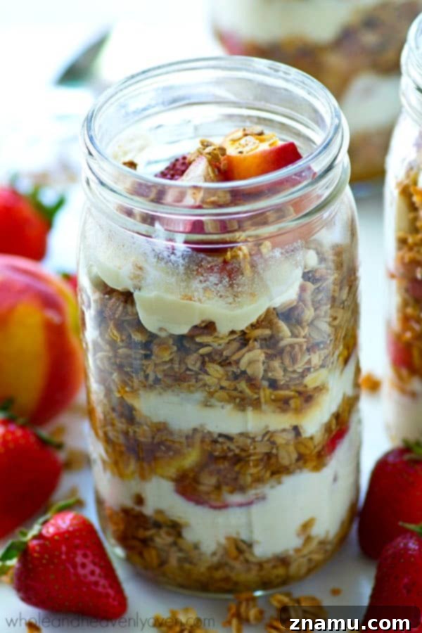 Roasted Peach & Strawberry Granola Parfaits 5 Preparation of roasted fruit for a granola parfait