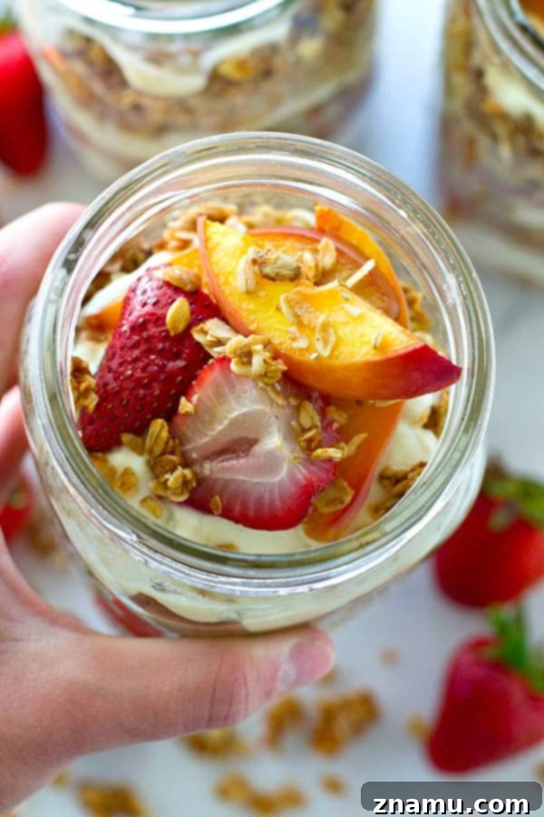 Roasted Peach & Strawberry Granola Parfaits 7 Beautifully layered granola parfait with roasted fruit and yogurt