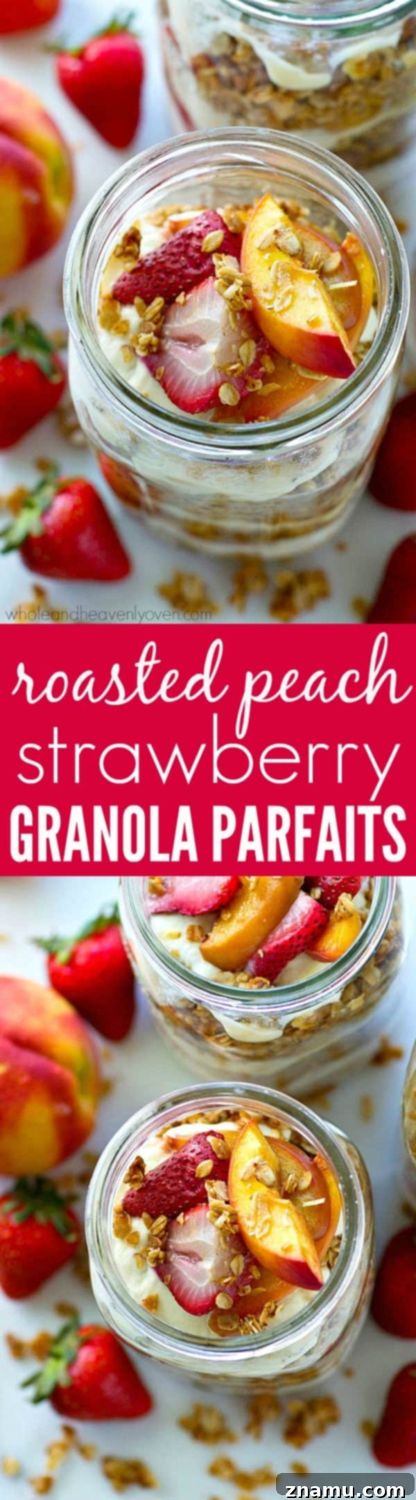 Roasted Peach & Strawberry Granola Parfaits 8 Overhead shot of a vibrant Roasted Peach Strawberry Granola Parfait