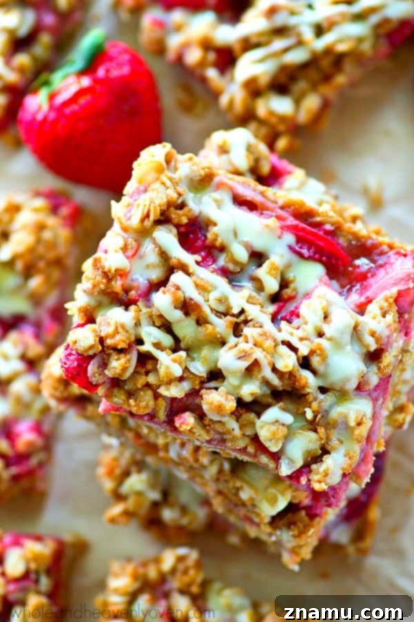 Brown Butter Glazed Strawberry Oat Bars 7 These summery crumb bars are packed with juicy strawberries, TONS of oatmeal streusel and glazed to perfection with a luscious browned butter glaze.---you'll be eating every last crumb!