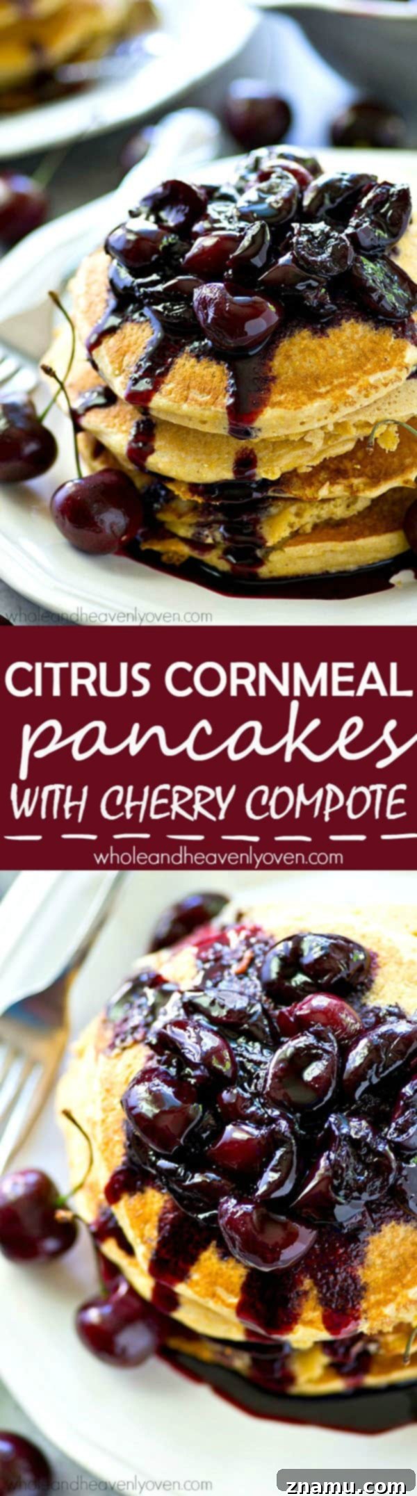 A beautiful stack of Southern-style citrus cornmeal pancakes generously covered in a glossy, red fresh cherry compote, ready to be enjoyed.