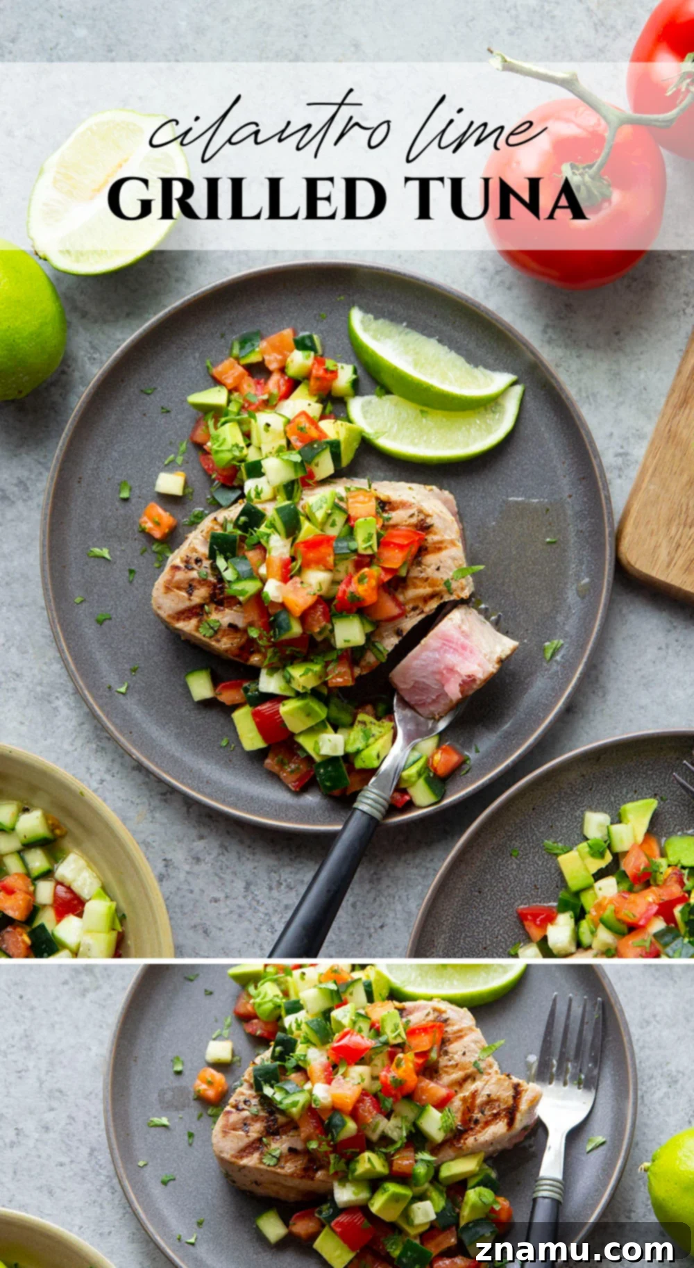 Cilantro-Lime Grilled Tuna with Avocado Cucumber Salsa 7 Beautifully presented Cilantro Lime Grilled Tuna with Avocado Cucumber Salsa, making it an ideal summer grilling staple.