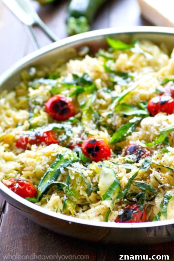Sweet & Smoky Cherry Tomato Orzo with Zucchini Ribbons 3 Close-up of vibrant charred cherry tomatoes and tender zucchini ribbons mixed with orzo pasta in a skillet.