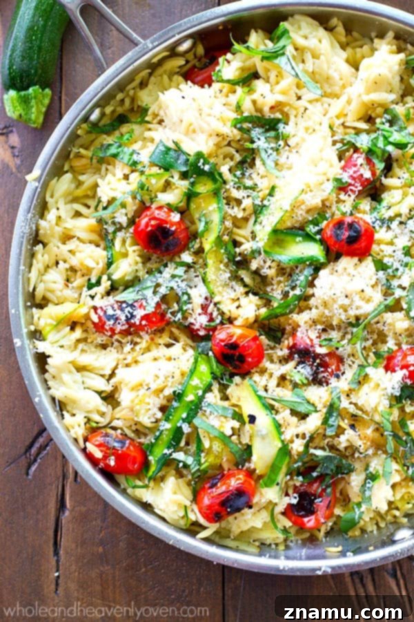 Sweet & Smoky Cherry Tomato Orzo with Zucchini Ribbons 4 A large serving of the Charred Cherry Tomato Orzo with Zucchini Ribbons, garnished with fresh basil.