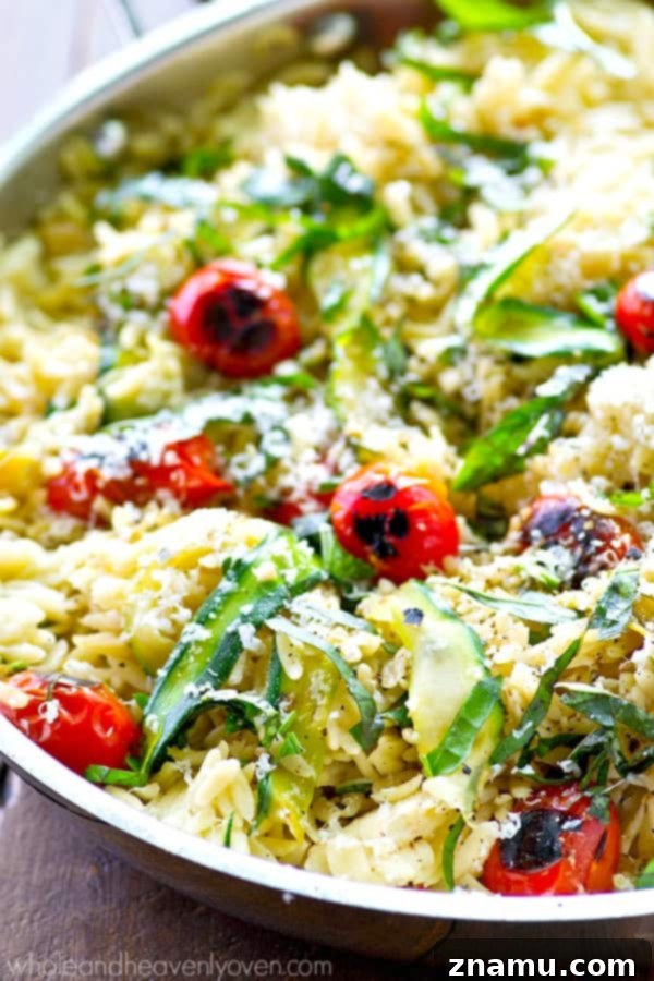 Sweet & Smoky Cherry Tomato Orzo with Zucchini Ribbons 5 Detailed shot of the cooked orzo and vegetables, showing the texture of the zucchini ribbons and the glistening charred tomatoes.