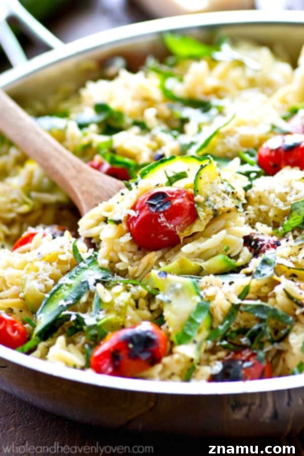 Sweet & Smoky Cherry Tomato Orzo with Zucchini Ribbons 6 A generous portion of the Charred Cherry Tomato Orzo with Zucchini Ribbons, ready to be served.