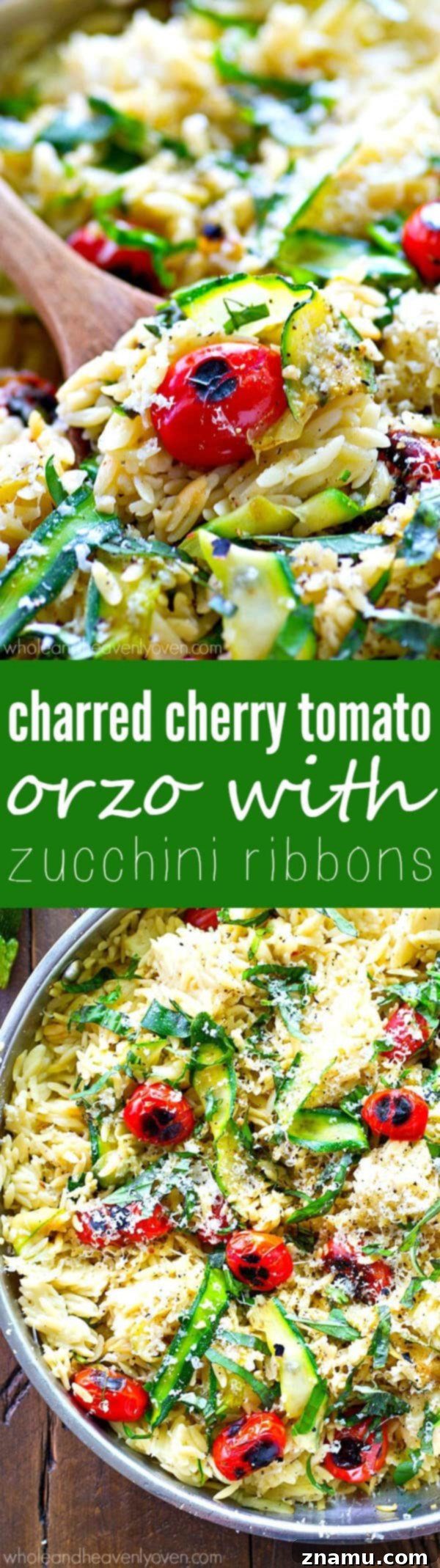 Sweet & Smoky Cherry Tomato Orzo with Zucchini Ribbons 8 A top-down view of the Charred Cherry Tomato Orzo with Zucchini Ribbons in a pan, garnished with fresh herbs.