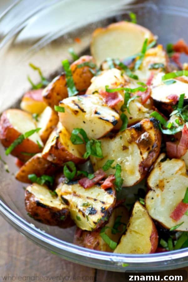 Vibrant Green Goddess Cobb 10 Smoky grilled red potatoes, crisp bacon bits, and a flavorful basil vinaigrette make the ultimate summertime potato salad that's a perfect lighter alternative to mayonnaise-dressed salads!