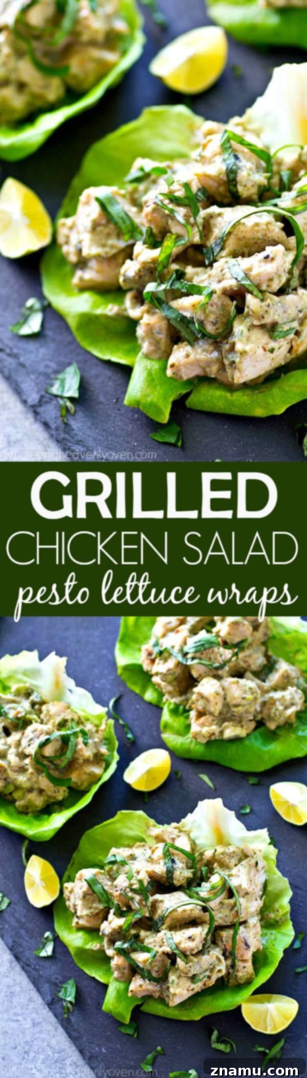 Pesto Grilled Chicken Lettuce Wraps 8 A beautifully styled flat lay of ingredients and a finished grilled chicken salad pesto lettuce wrap.