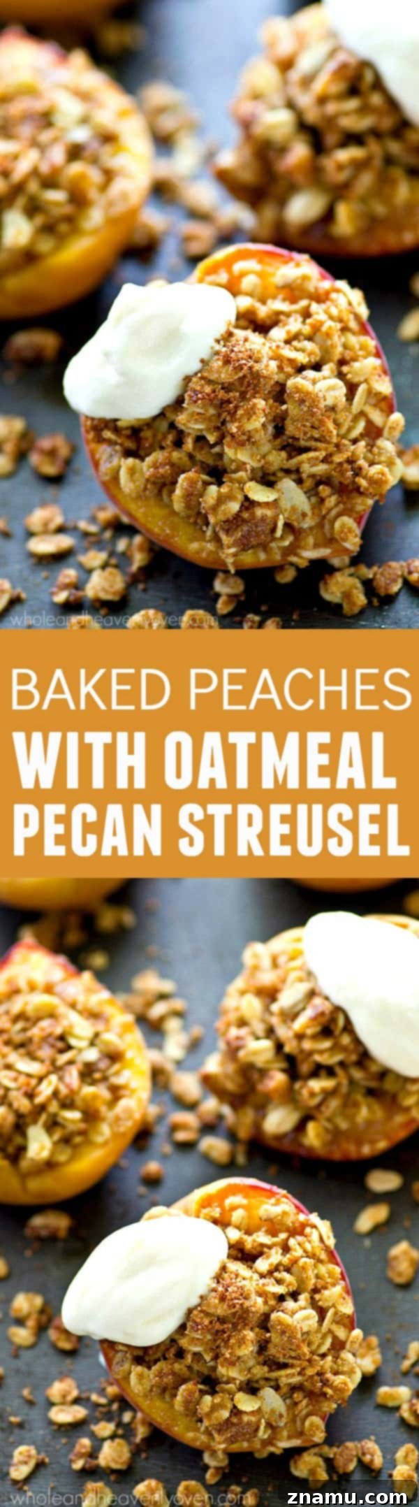 Golden Baked Peaches with a Sweet Pecan-Oat Crumble 8 Another appealing shot of a baked peach dessert, likely showcasing multiple peaches or different serving angles.