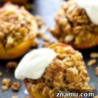 Golden Baked Peaches with a Sweet Pecan-Oat Crumble 9 Baked Peaches with Oatmeal Pecan Streusel, topped with fresh whipped cream.