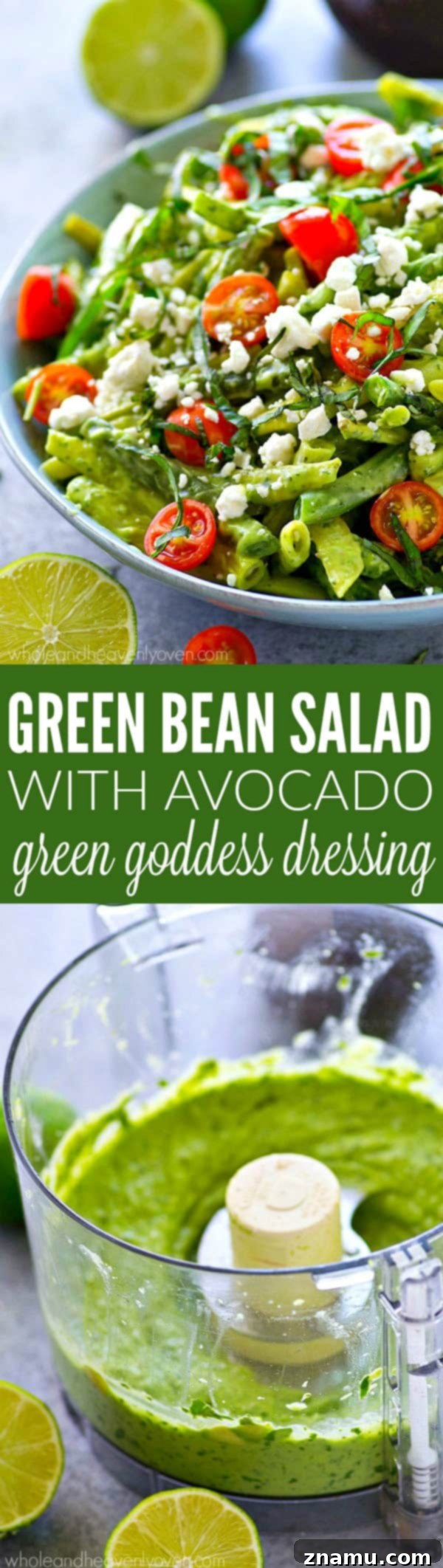 Avocado Green Goddess Green Beans 8 Overhead view of a large bowl of Green Bean Salad with Avocado Green Goddess Dressing, feta, and cherry tomatoes