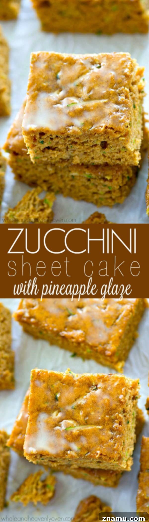 Moist Zucchini Sheet Cake with Tropical Pineapple Glaze 7 Close-up photograph of individual slices of zucchini sheet cake with pineapple glaze arranged on a cooling rack, ready to be served.