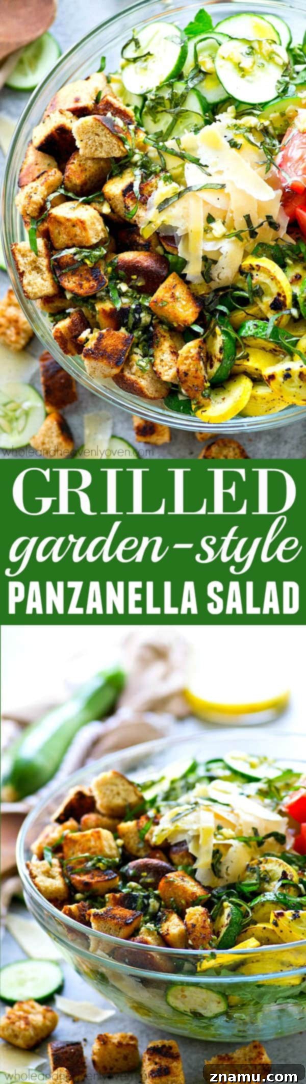 Grilled Summer Panzanella 8 A full view of the delicious Grilled Garden-Style Panzanella Salad, freshly prepared and ready to be served, highlighting the medley of grilled and fresh ingredients in a large, inviting bowl.