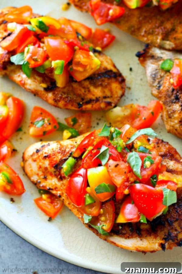 Fiesta Grilled Chicken with Fresh Salsa 5 Ingredients for a quick and simple five-ingredient tomato salsa.