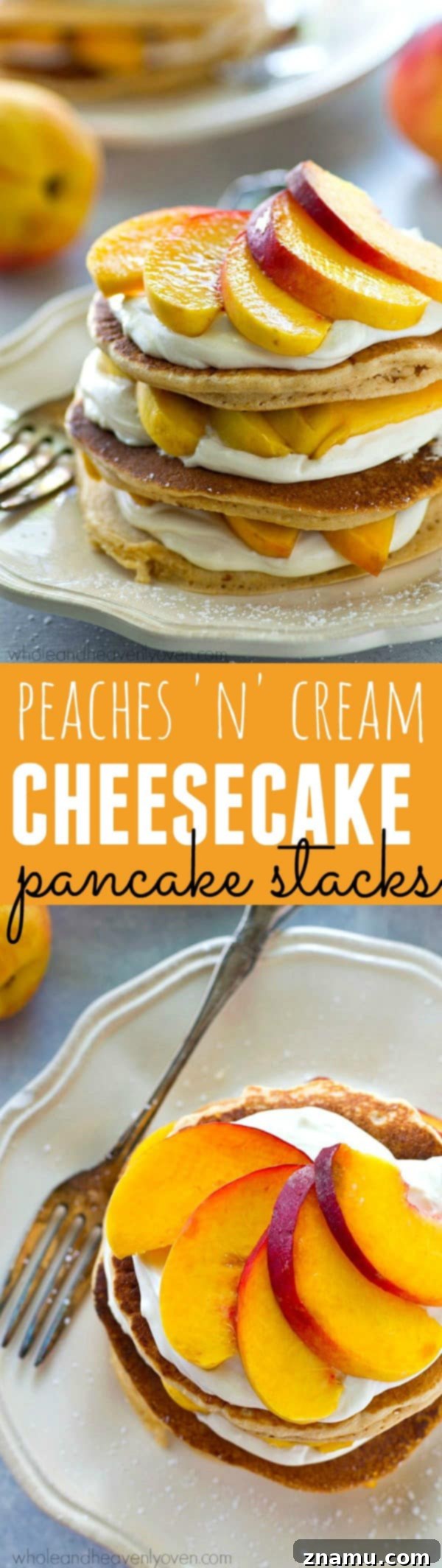 Peaches 'n' Cream Cheesecake Pancake Stacks 8 Delicious stack of Peaches 'n' Cream Cheesecake Pancakes, ready to be enjoyed, with a large serving fork nearby.