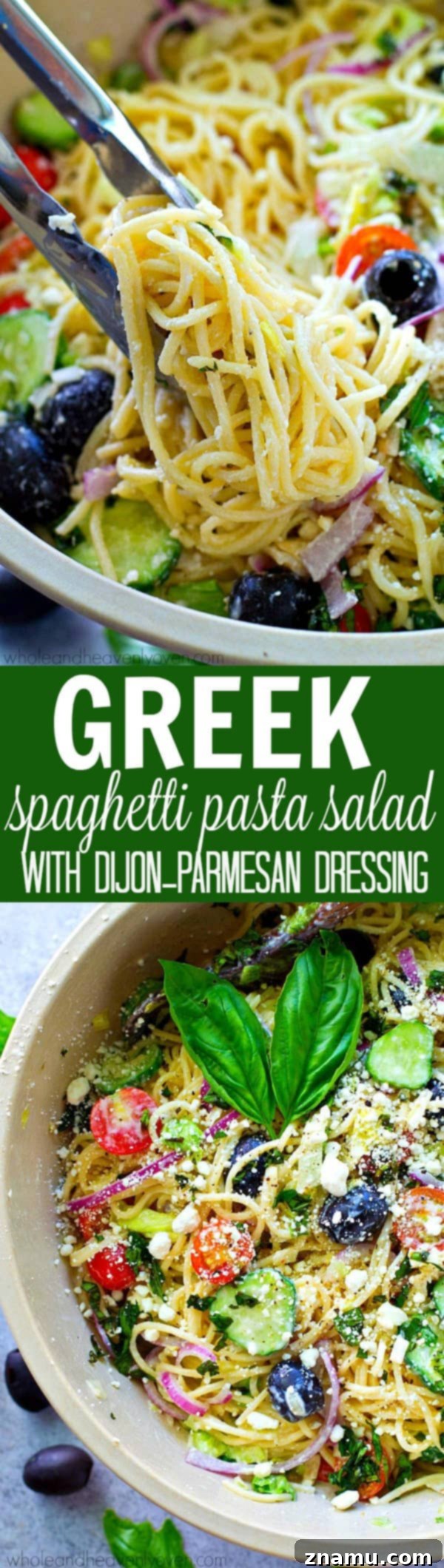 Mediterranean Spaghetti Toss with Zesty Dijon-Parmesan 8 A large serving bowl filled with the colorful and inviting Greek Spaghetti Pasta Salad.