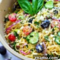 Greek Spaghetti Pasta Salad with Dijon Parmesan Dressing