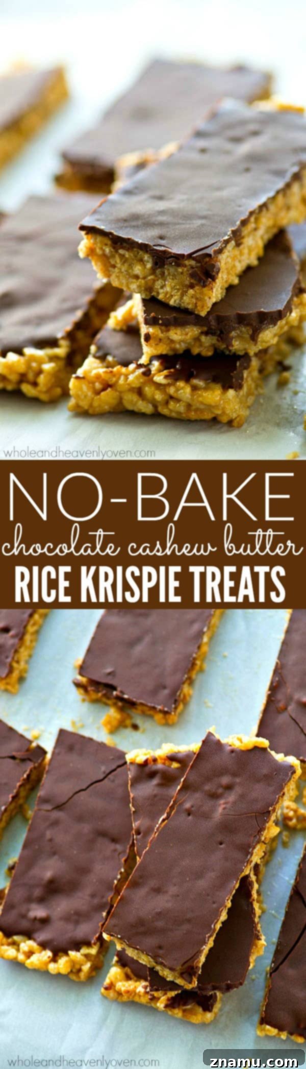 No-Bake Chocolate Cashew Butter Crunch Bars 8 Pan of healthy no-bake chocolate cashew butter rice krispie treats before cutting.